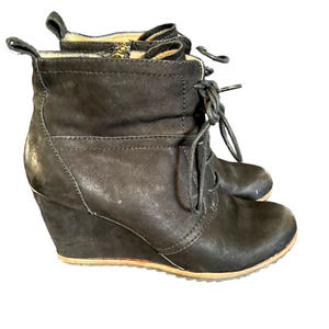 Biala Womens Leather Lace-Up Wedge Booties Side Zip Round Toe Size 7US Black